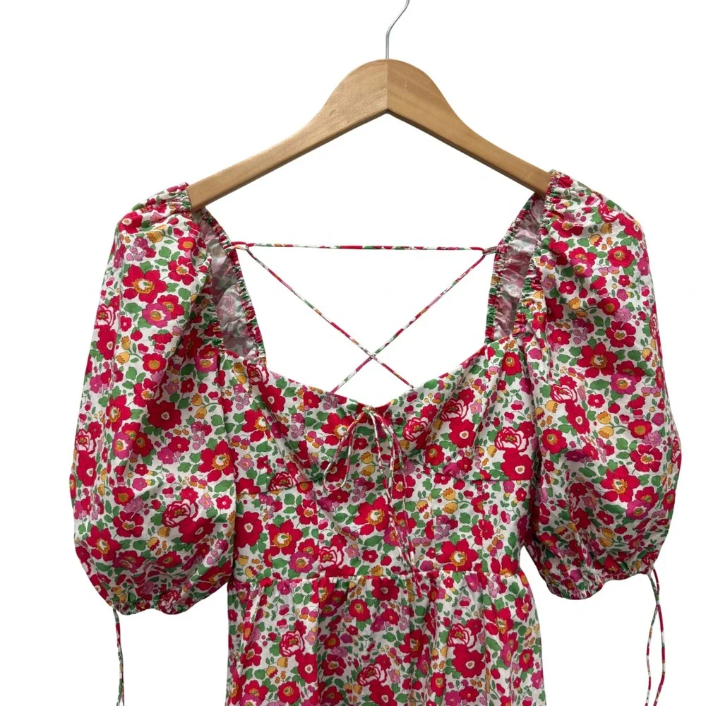 For Love & Lemons XS Floral Puff Sleeve Lace Up Back Mini‎ Dress Red Pink Cotton